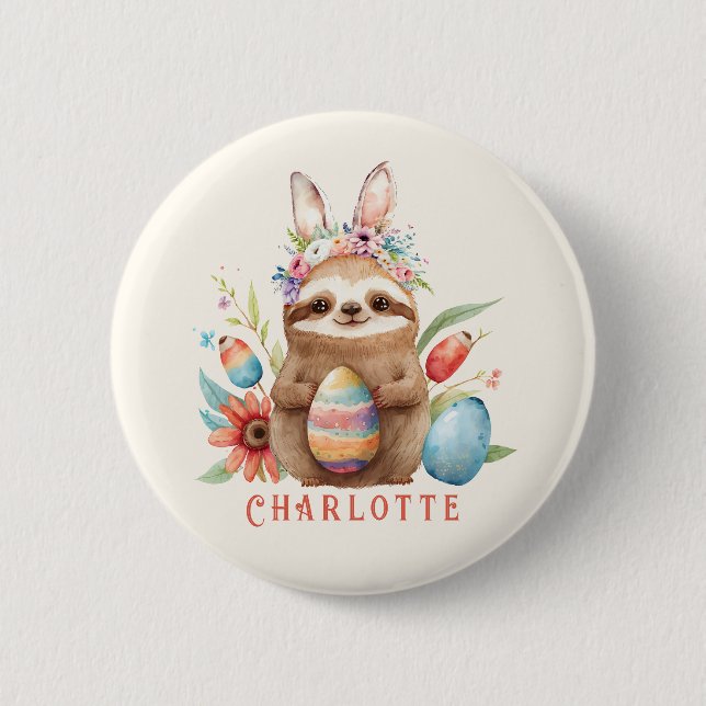 Niedlicher Sloth Oaster Kanincheneier Name Button (Vorderseite)