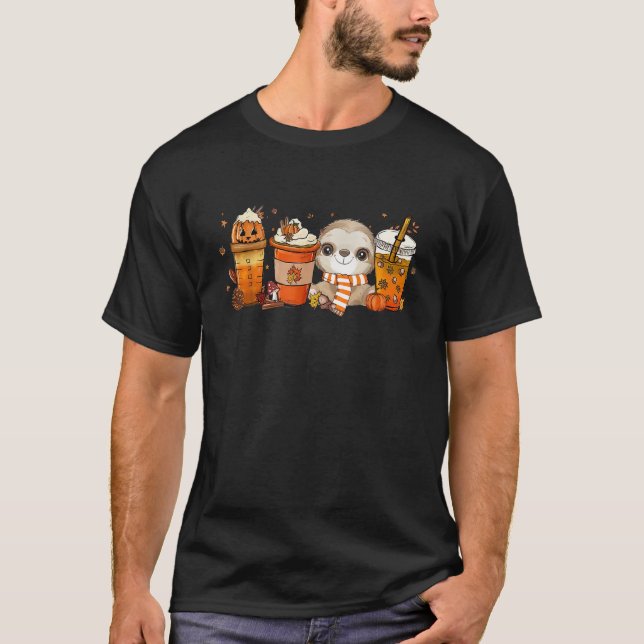 Niedlicher Sloth Pumpkin Gewürzkaffee Latte Herbst T-Shirt (Vorderseite)