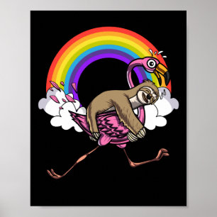 Niedlicher Sloth Riding Flamingo Bird Funny Rainbo Poster