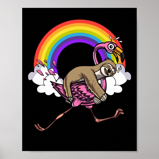 Niedlicher Sloth Riding Flamingo Bird Funny Rainbo Poster (Vorne)