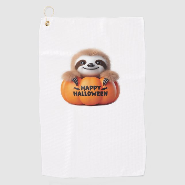 Niedlicher Sloth sitzt in einem Kürbis. Text Happy Golfhandtuch (Vorderseite)