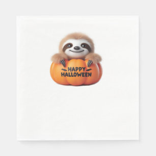 Niedlicher Sloth sitzt in einem Kürbis. Text Happy Serviette
