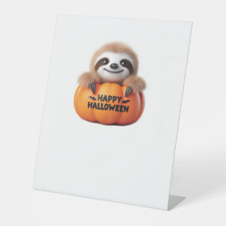 Niedlicher Sloth sitzt in einem Kürbis. Text Happy Sockelschild