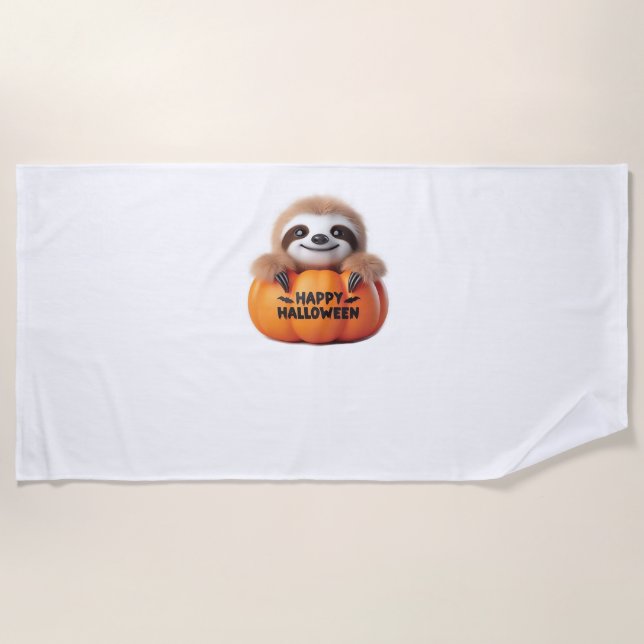 Niedlicher Sloth sitzt in einem Kürbis. Text Happy Strandtuch (Vorderseite)