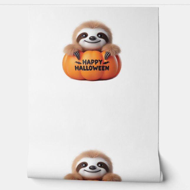 Niedlicher Sloth sitzt in einem Kürbis. Text Happy Tapete (Abrollen)