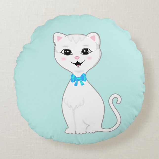 Niedlicher Smart White Cat Cartoon Rundes Kissen (Vorderseite)