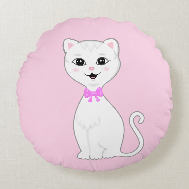 Niedlicher Smart White Cat Cartoon Rundes Kissen (Vorderseite)