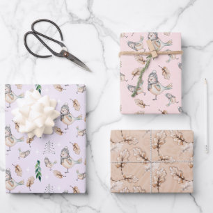 Niedlicher Snow Sparrow Wasserfarbe Handgestrichen Geschenkpapier Set