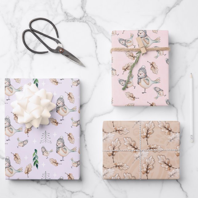 Niedlicher Snow Sparrow Wasserfarbe Handgestrichen Geschenkpapier Set (Vorderseite)