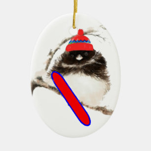 Niedlicher Snowboard Bird in Hat, Weihnachts-Spaß, Keramik Ornament