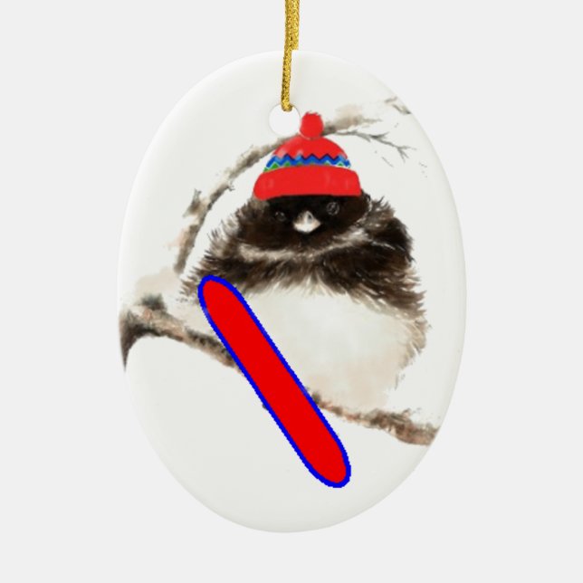 Niedlicher Snowboard Bird in Hat, Weihnachts-Spaß, Keramik Ornament (Vorne)