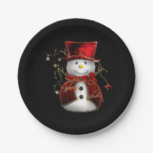 Niedlicher Snowman im roten Samt-Weihnachten Pappteller