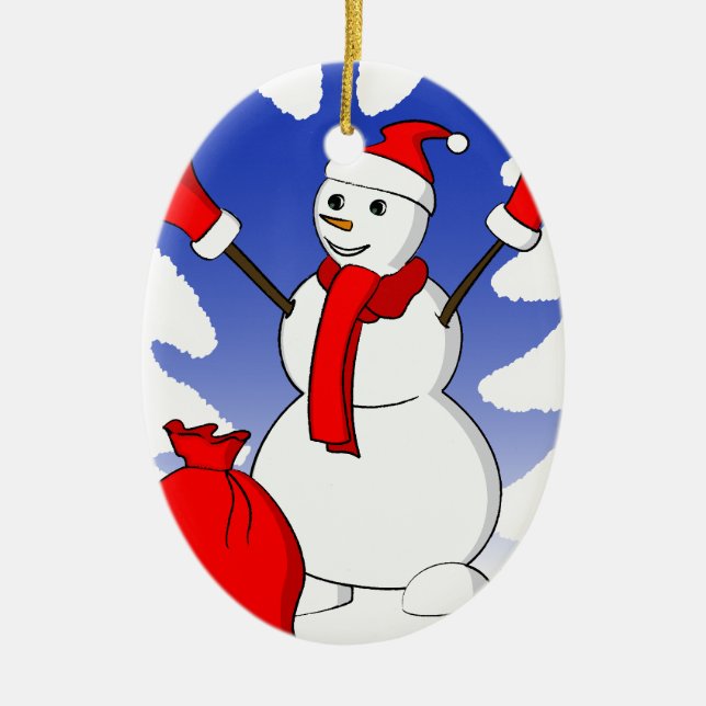 Niedlicher Snowman mit roten Handschuhen und Keramikornament (Vorne)