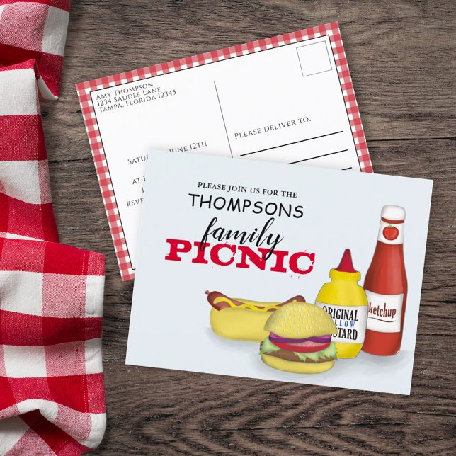 Niedlicher Sommer Picnic Trendy Cookout Whimsical Postkarte (Summer family reunion casual picnic postcard template. )