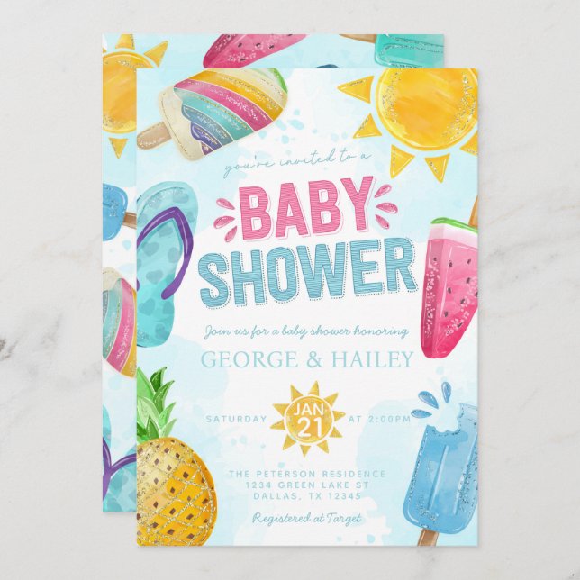 Niedlicher Sommerbestand Bereit zum Pop Kinderdusc Einladung (Vorne/Hinten)