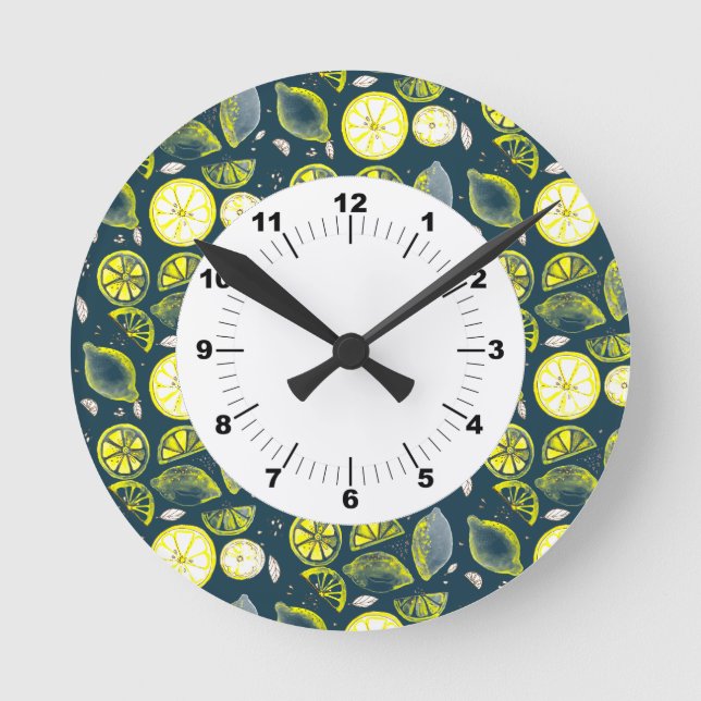 Niedlicher Sommerlemon Citrus Doodle Yellow Blue Runde Wanduhr (Vorderseite)