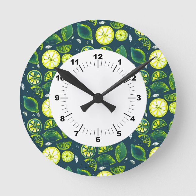 Niedlicher Sommerlemon Citrus Doodle Yellow Blue Runde Wanduhr (Vorderseite)