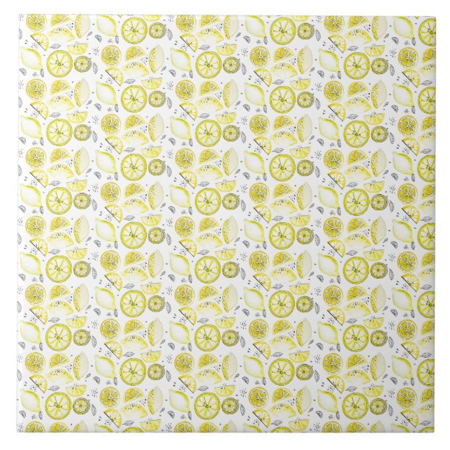 Niedlicher Sommerlemon Citrus Doodle Yellow Fliese (Vorderseite)