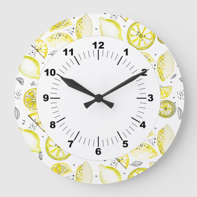 Niedlicher Sommerlemon Citrus Doodle Yellow Große Wanduhr (Vorderseite)