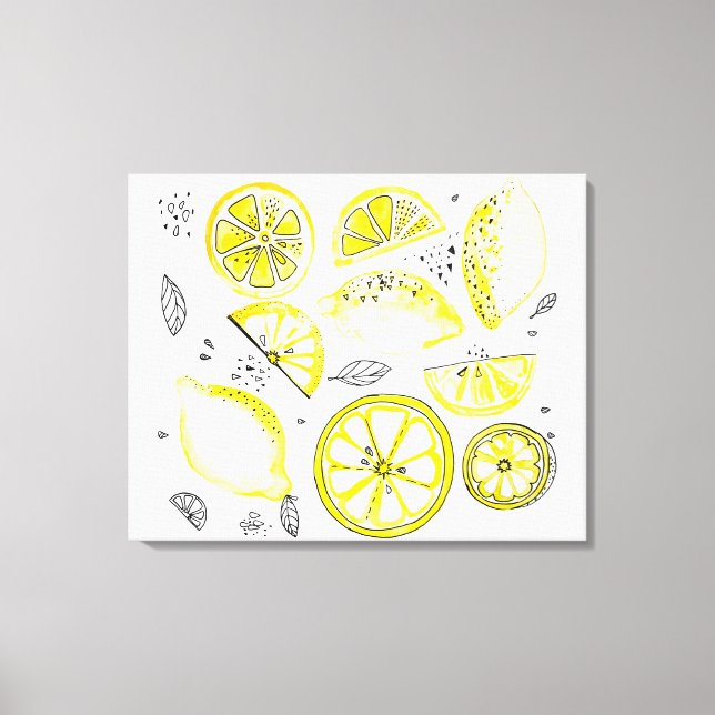 Niedlicher Sommerlemon Citrus Doodle Yellow Leinwanddruck (Vorderseite)