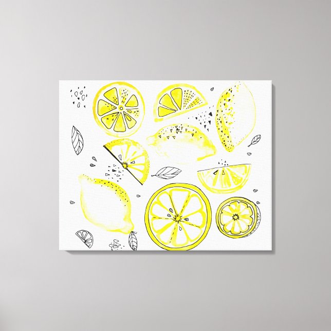 Niedlicher Sommerlemon Citrus Doodle Yellow Leinwanddruck (Vorderseite)