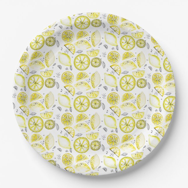 Niedlicher Sommerlemon Citrus Doodle Yellow Pappteller (Vorderseite)