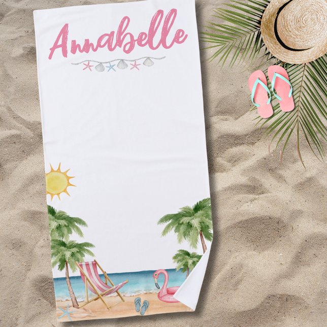 Niedlicher Sommername Wasserfarbenpalme Tropische  Strandtuch (Cute Name Watercolor Palm Tree Beach Towel)