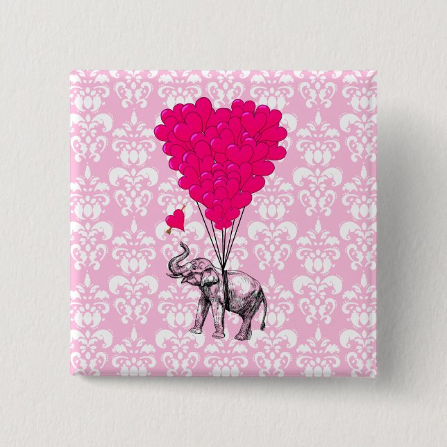 Niedlicher, sonniger Elefant und rosa Damast Button (Vorderseite)