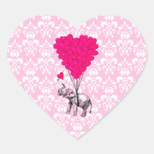 Niedlicher, sonniger Elefant und rosa Damast Herz-Aufkleber