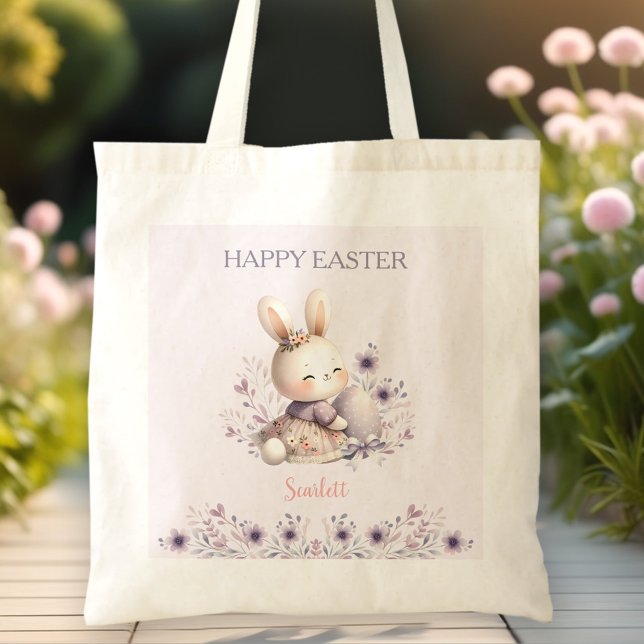 Niedlicher sonniger Lila Blumenname Ei Ostern Tragetasche (Cute Bunny Purple Floral Name Egg Hunt Easter Tote Bag)