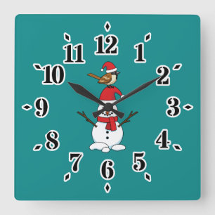 Niedlicher Sparrow auf Snowman Quadratische Wanduhr