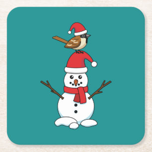 Niedlicher Sparrow auf Snowman Rechteckiger Pappuntersetzer
