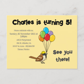 Niedlicher Sparrow mit Balloons Geburtstag | Perso Einladungspostkarte