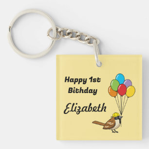 Niedlicher Sparrow mit Balloons Geburtstag Perso Schlüsselanhänger