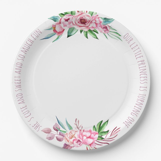 Niedlicher Spaß Rosa Peonies Blumenmädchen Geburts Pappteller (Vorderseite)