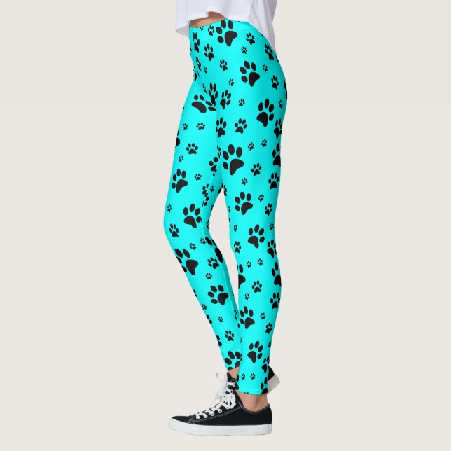 Niedlicher Spaß Schwarz auf Aquamarinen Cyan Paw P Leggings (Links)