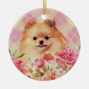 Niedlicher Spitz Deutscher Spitz mit Blume Keramik Ornament