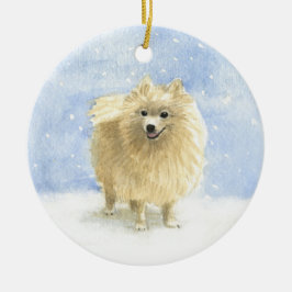 Niedlicher Spitz Eskie Hund im Schneewasser Keramik Ornament