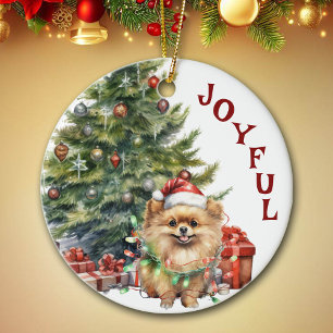 Niedlicher Spitz Hund in Weihnachtsbeleuchtung umm Keramik Ornament