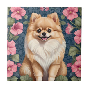 Niedlicher Spitz Hund mit rosa Petunias Fliese