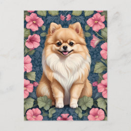 Niedlicher Spitz Hund mit rosa Petunias Postkarte