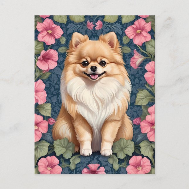 Niedlicher Spitz Hund mit rosa Petunias Postkarte (Vorderseite)