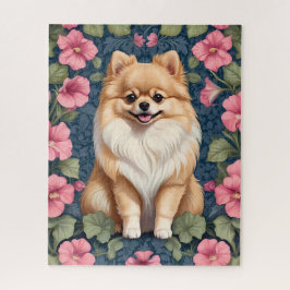 Niedlicher Spitz Hund mit rosa Petunias Puzzle