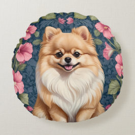 Niedlicher Spitz Hund mit rosa Petunias Rundes Kissen