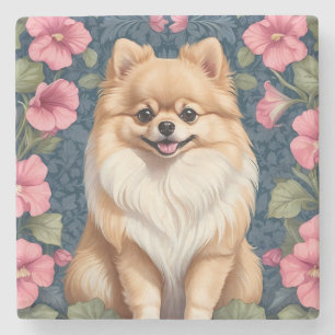 Niedlicher Spitz Hund mit rosa Petunias Steinuntersetzer