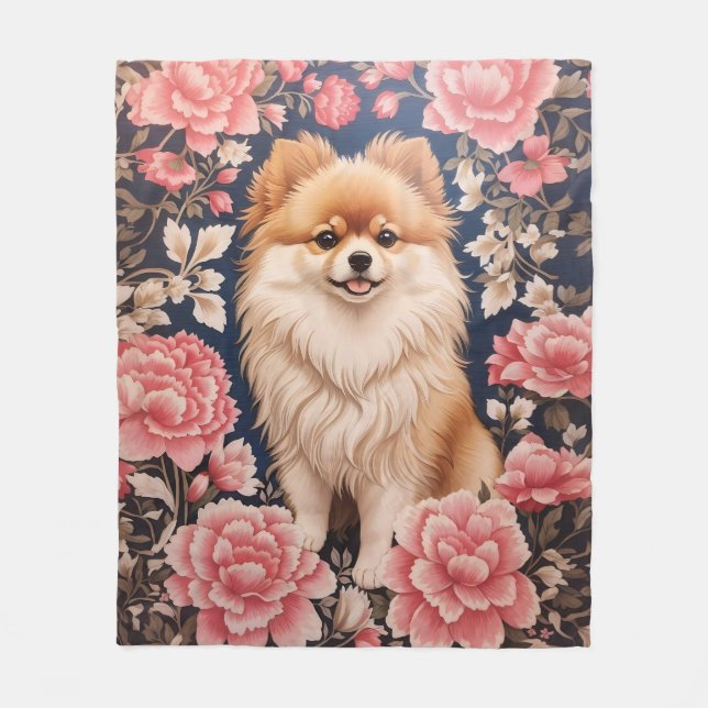 Niedlicher Spitz Hund rosa Blütenblättrig Fleecedecke (Vorderseite)