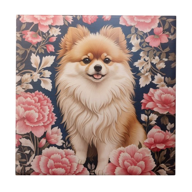 Niedlicher Spitz Hund rosa Blütenblättrig Fliese (Vorderseite)