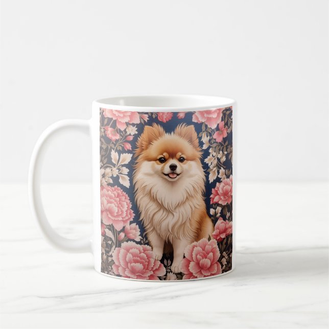 Niedlicher Spitz Hund rosa Blütenblättrig Kaffeetasse (Links)