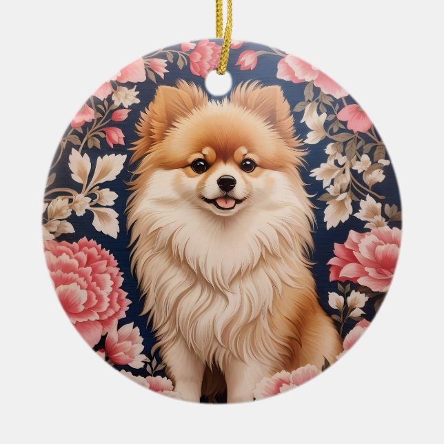 Niedlicher Spitz Hund rosa Blütenblättrig Keramik Ornament (Vorne)