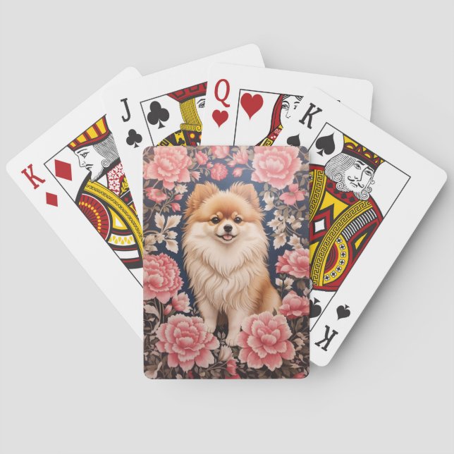 Niedlicher Spitz Hund rosa Blütenblättrig Spielkarten (Rückseite)